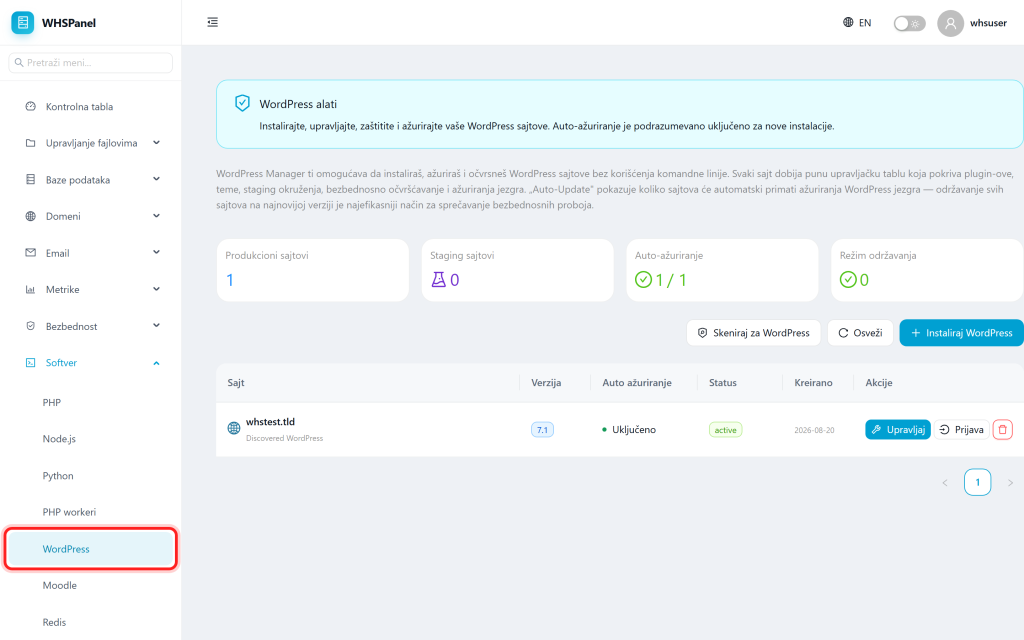 WordPress installation and management in WHSPanel WordPress Manager u WHSPanelu