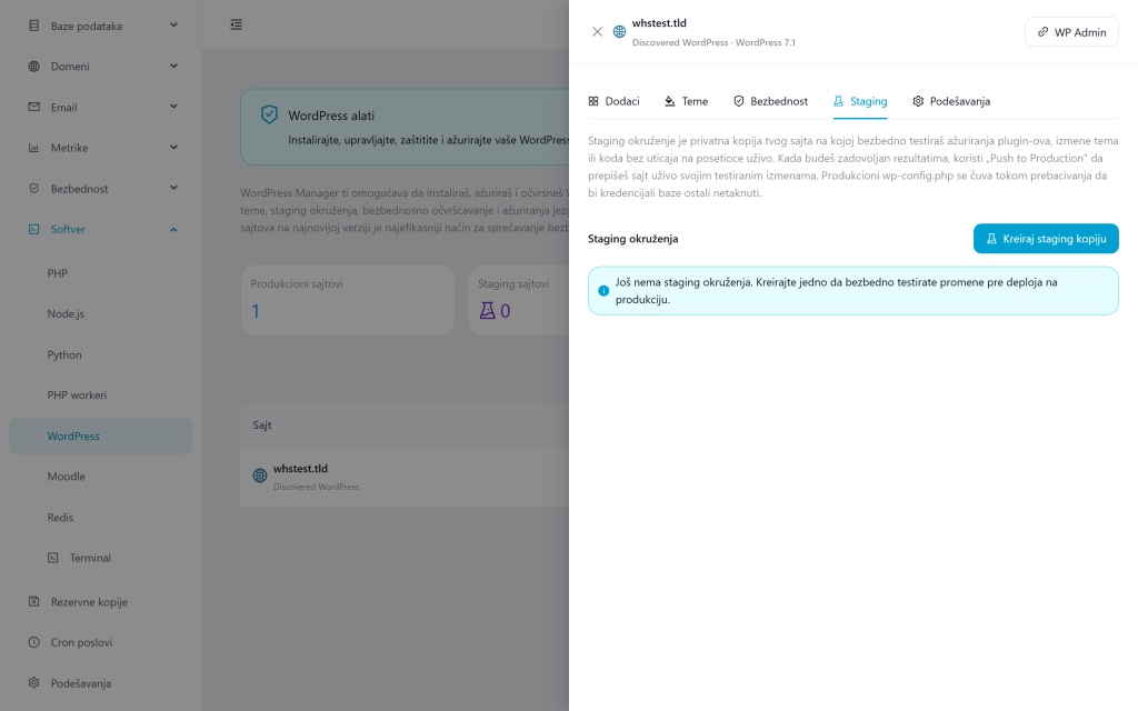 WordPress installation and management in WHSPanel WordPress staging u WHSPanelu