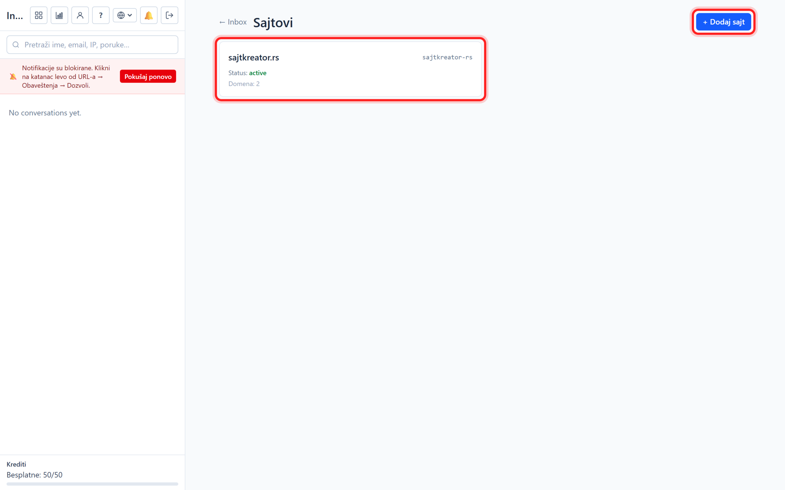 AI chatbot: placement on the site and basic settings Sekcija Sajtovi u kontrolnoj tabli