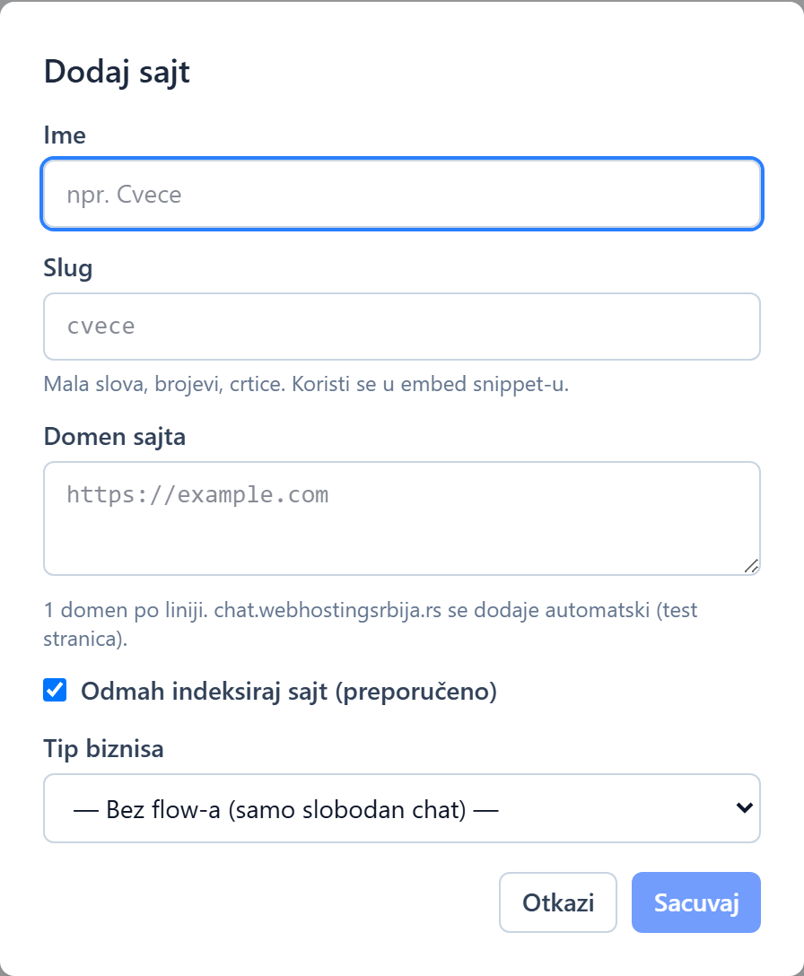 AI chatbot: placement on the site and basic settings Prozor Dodaj sajt sa poljima