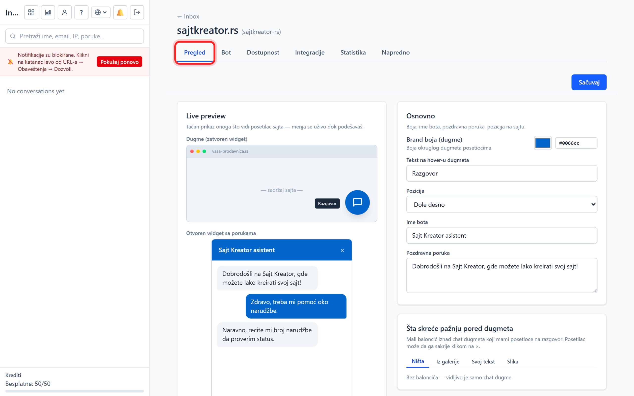 AI chatbot: placement on the site and basic settings Tab Pregled sa uživo prikazom i podešavanjima