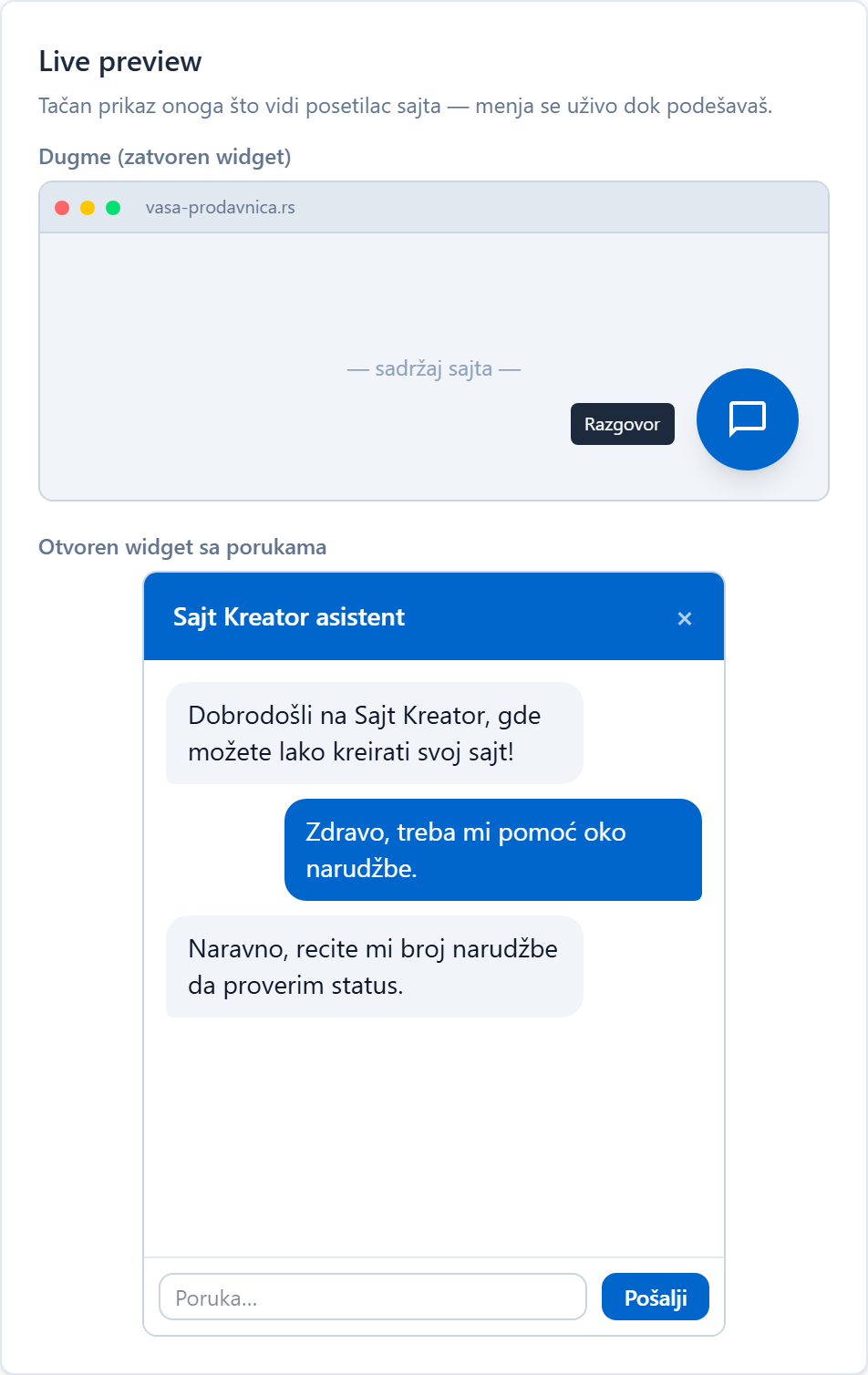 AI chatbot: placement on the site and basic settings Uživo prikaz bota