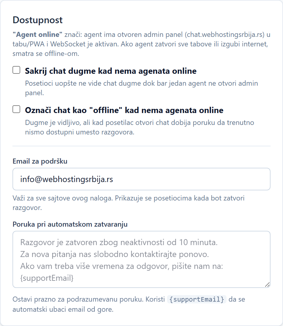 AI chatbot: placement on the site and basic settings Kartica Dostupnost sa opcijama