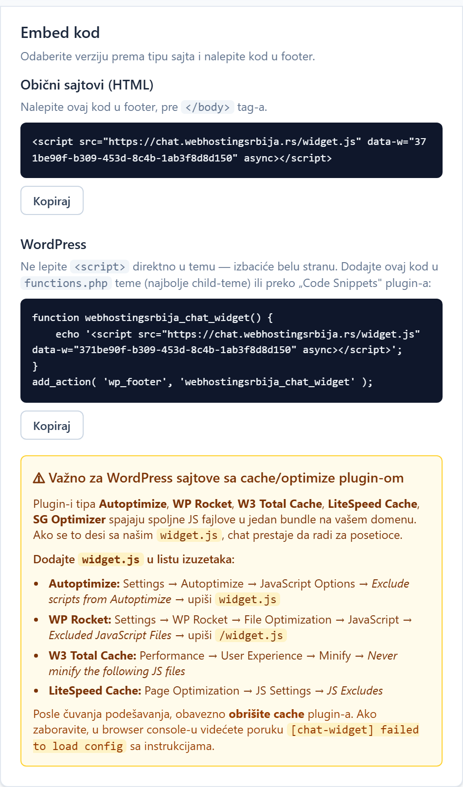 AI chatbot: placement on the site and basic settings Embed kod za HTML i WordPress