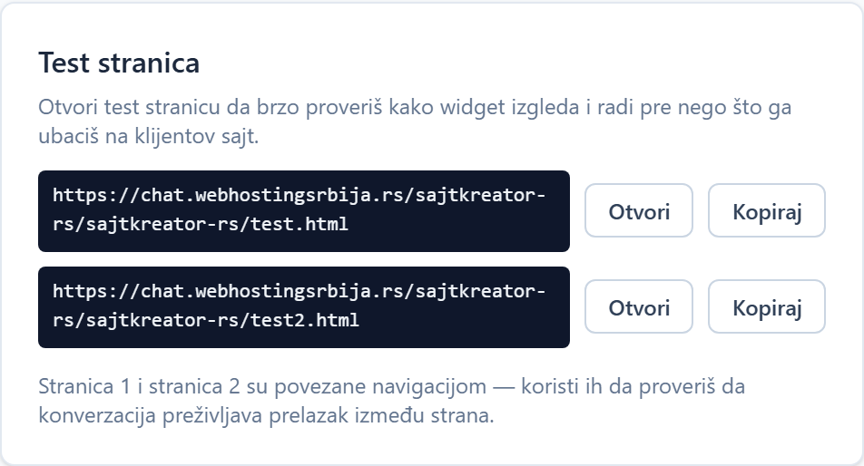 AI chatbot: placement on the site and basic settings Linkovi ka test stranicama