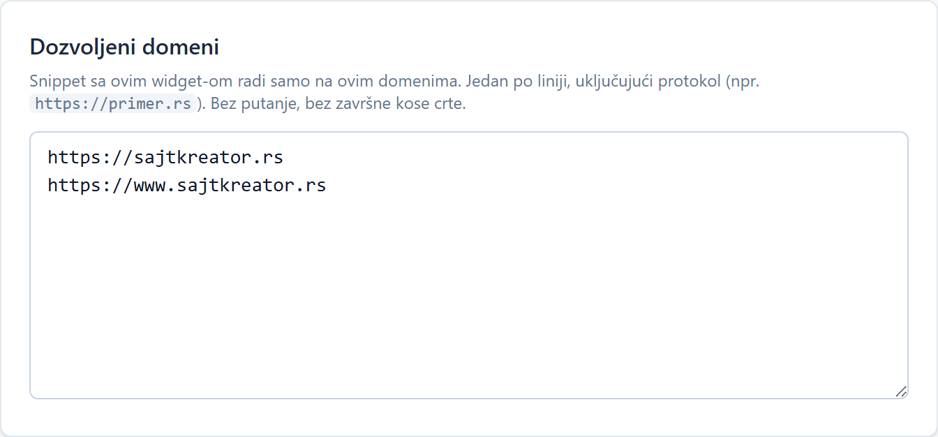 AI chatbot: placement on the site and basic settings Spisak dozvoljenih domena