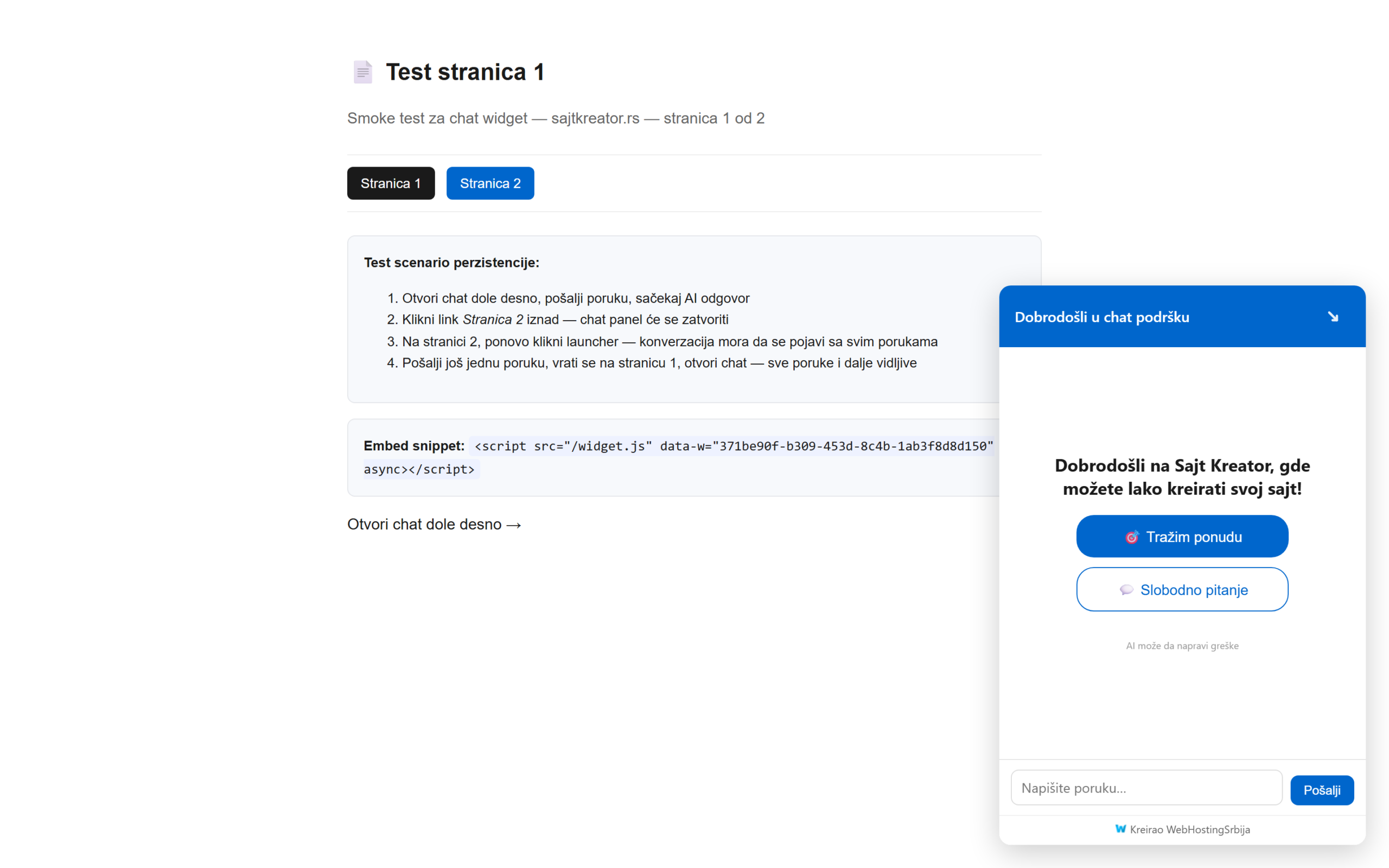 AI chatbot: placement on the site and basic settings Bot otvoren uživo na test stranici