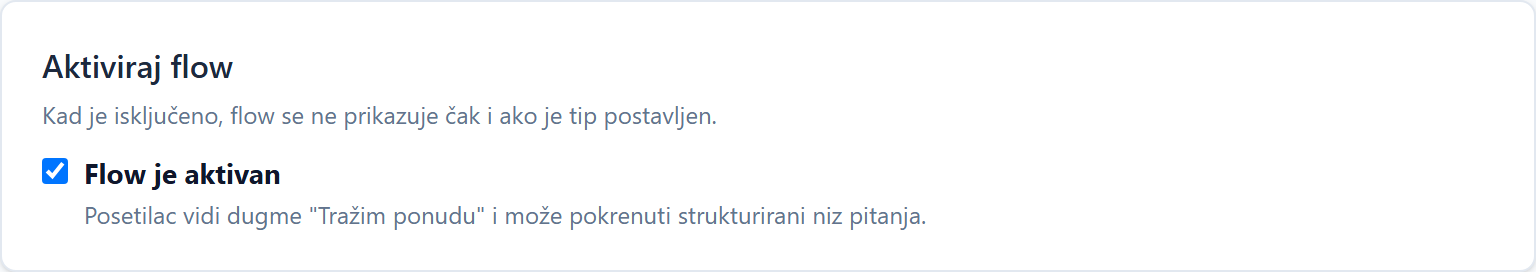 Business type and conversation flow in AI chatbot Prekidač Aktiviraj flow