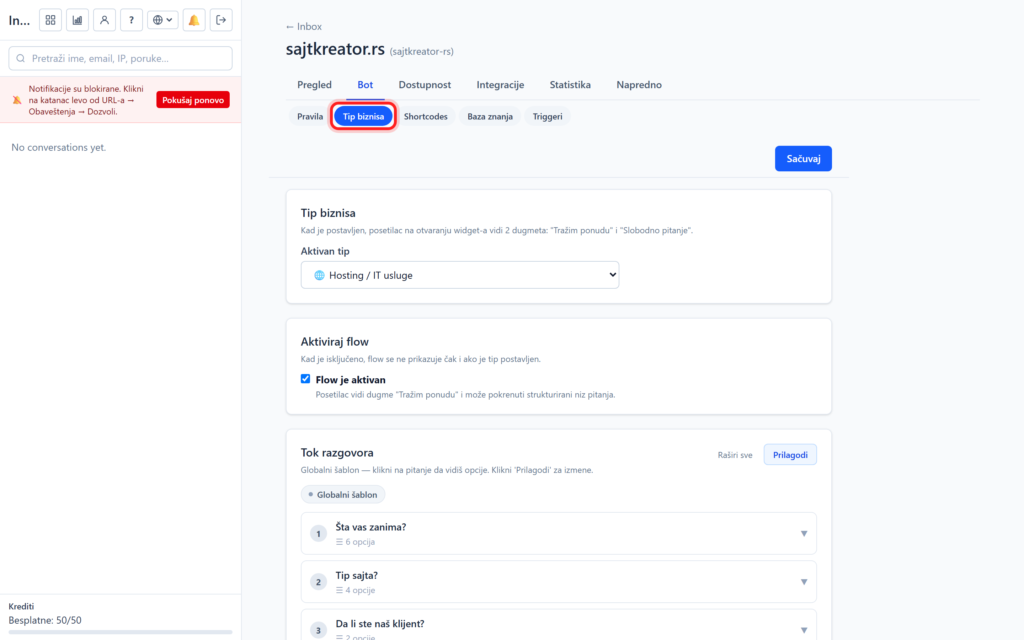 ai chatbot biznis tab 20260912b Tip biznisa i tok razgovora u AI chatbotu