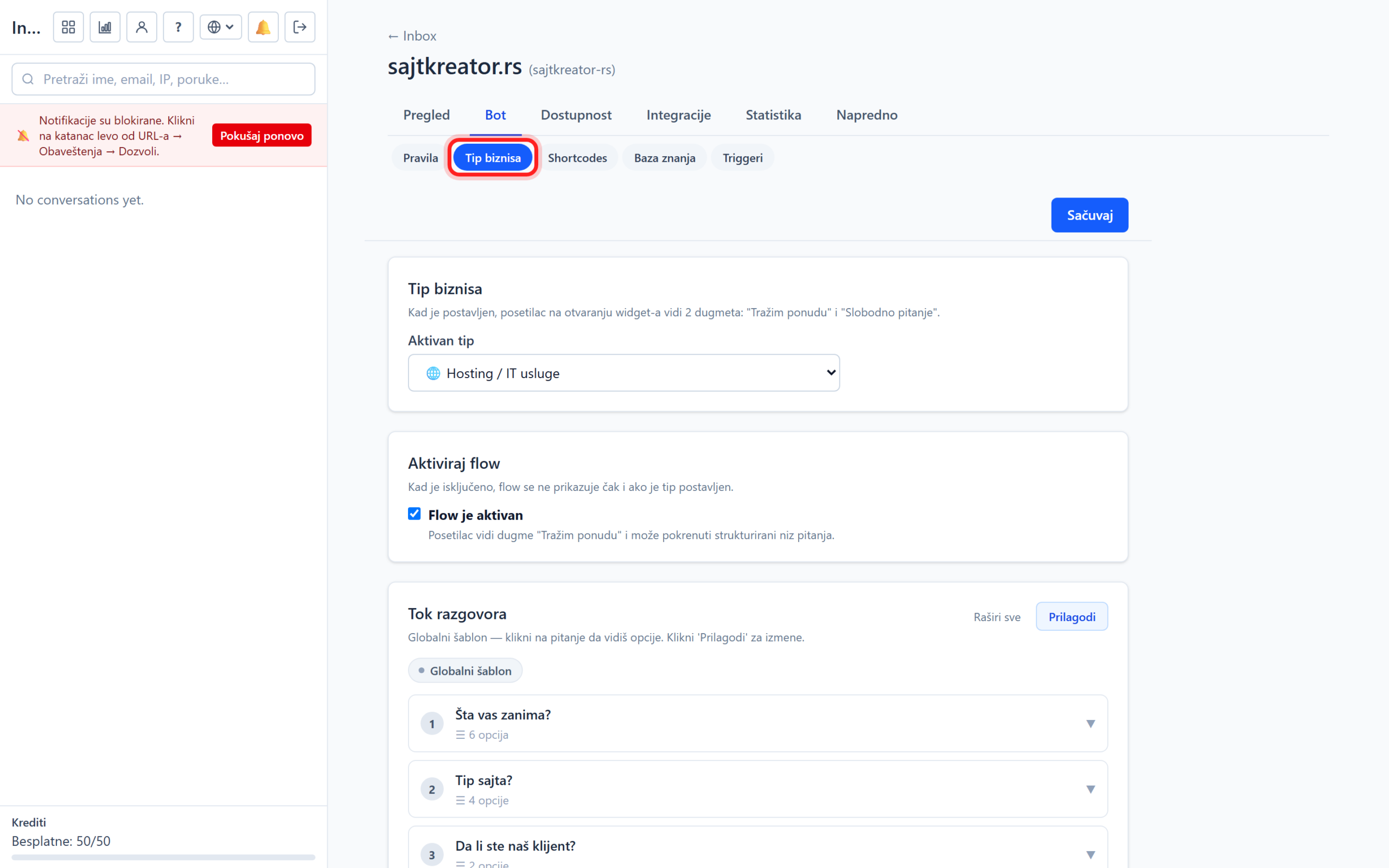 Business type and conversation flow in AI chatbot Tab Bot, pododeljak Tip biznisa