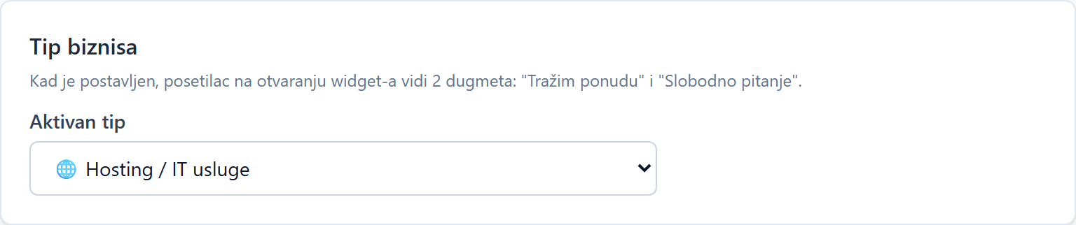 Business type and conversation flow in AI chatbot Padajuća lista za izbor tipa biznisa