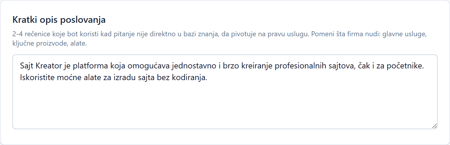 Bot: business description, instructions and limitations Polje Kratki opis poslovanja