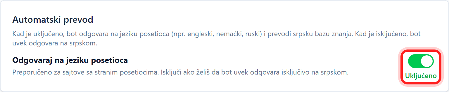 Bot: business description, instructions and limitations Opcija Automatski prevod u tabu Bot