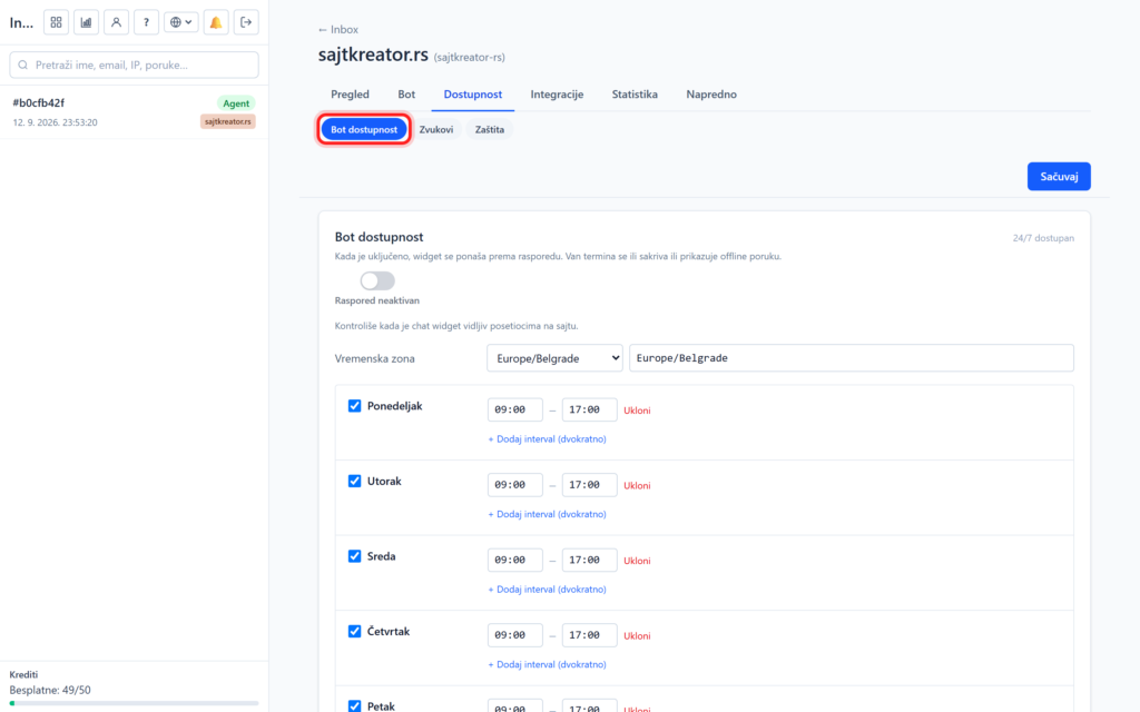 ai chatbot dost tab 20260913a Radno vreme i zvučna obaveštenja
