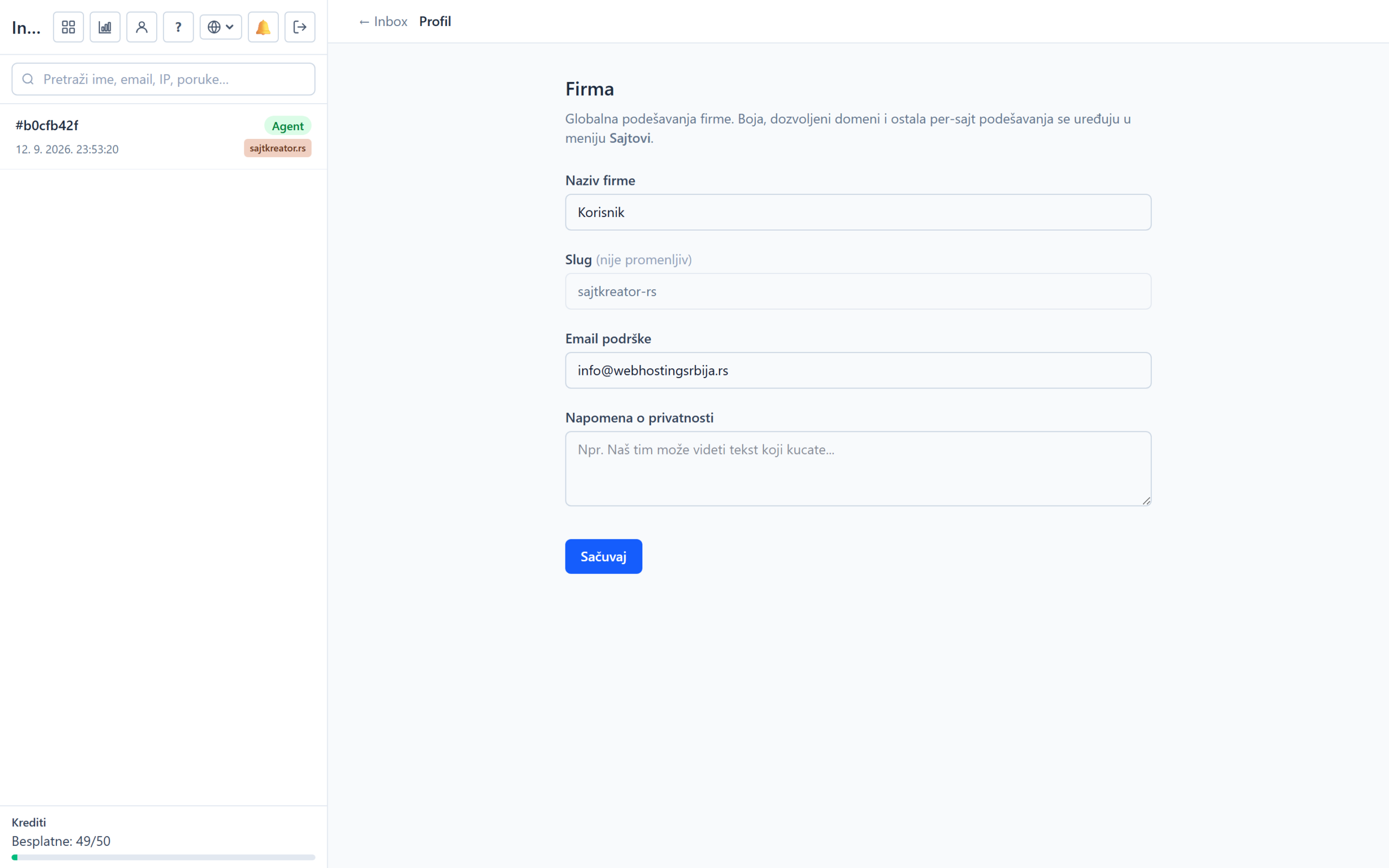 Account, agents and profile in AI chatbot Podešavanja firme