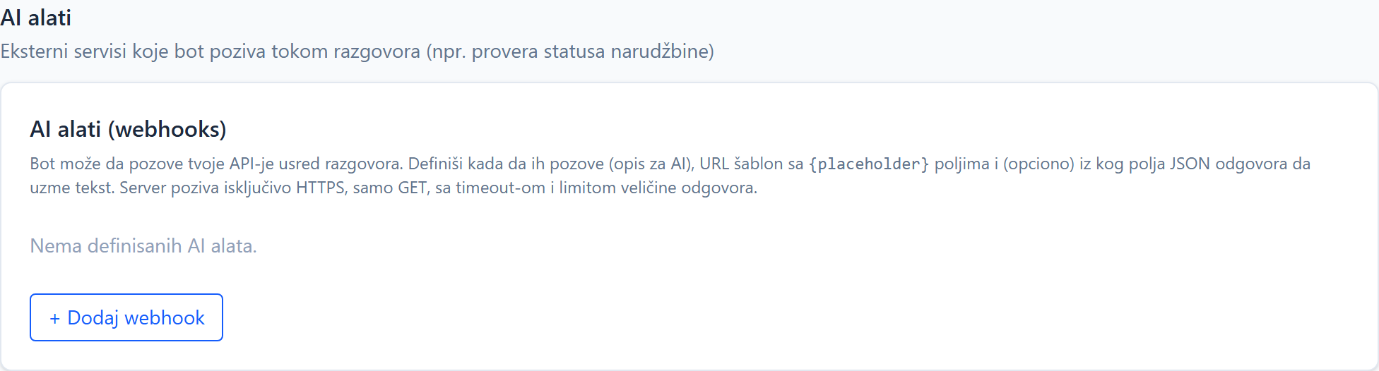 Webhooks and AI tools for AI chatbot Kartica AI alati (webhooks)
