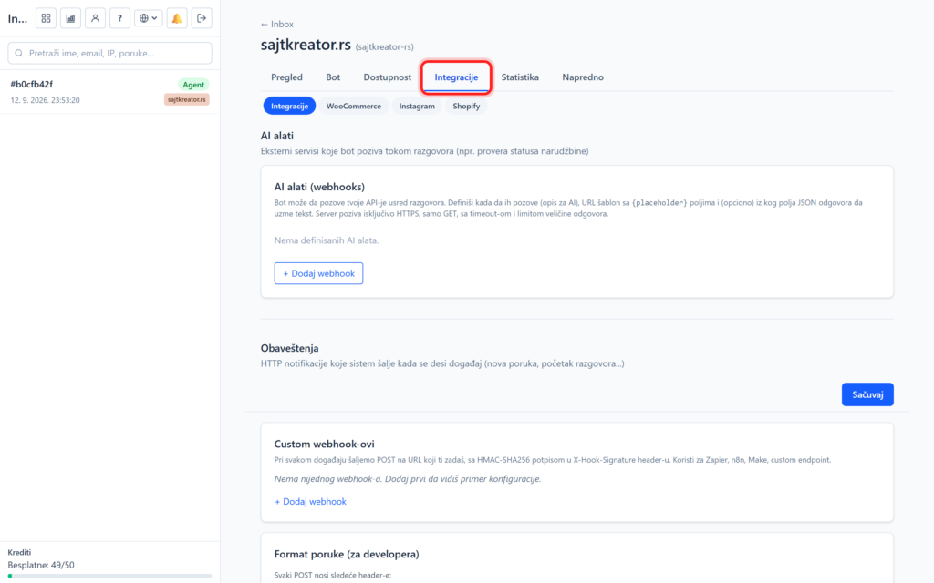 ai chatbot integ tab 20260913a Webhook-ovi i AI alati za AI chatbot
