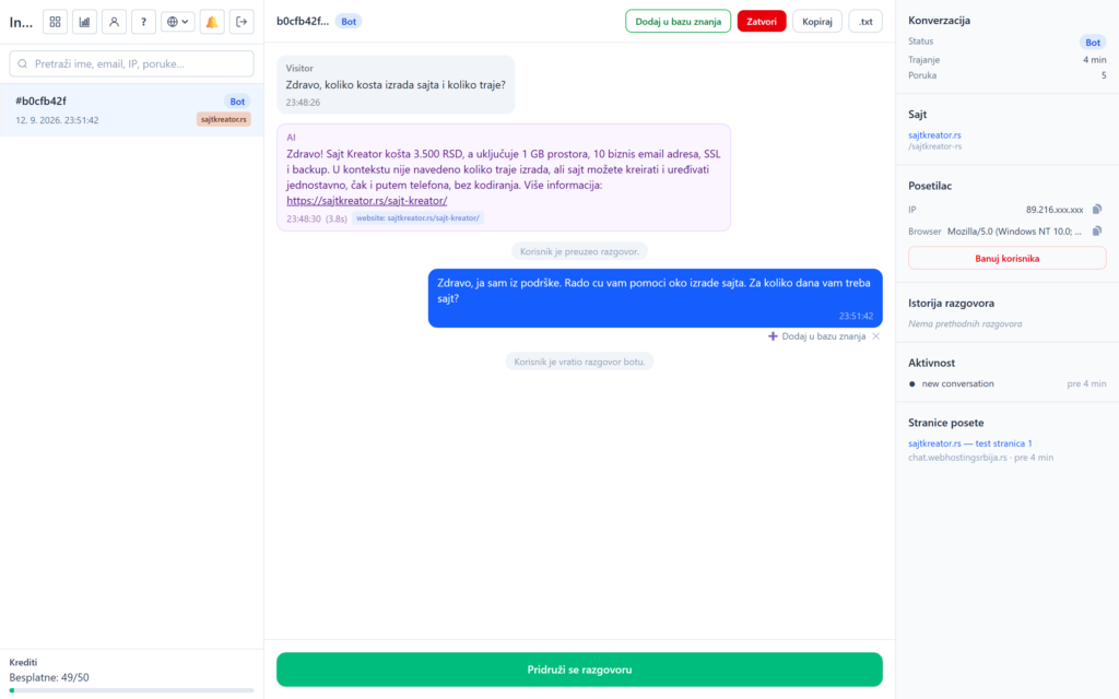 ai chatbot razgovor detalji 20260912c Vođenje razgovora i prelaz na živog operatera