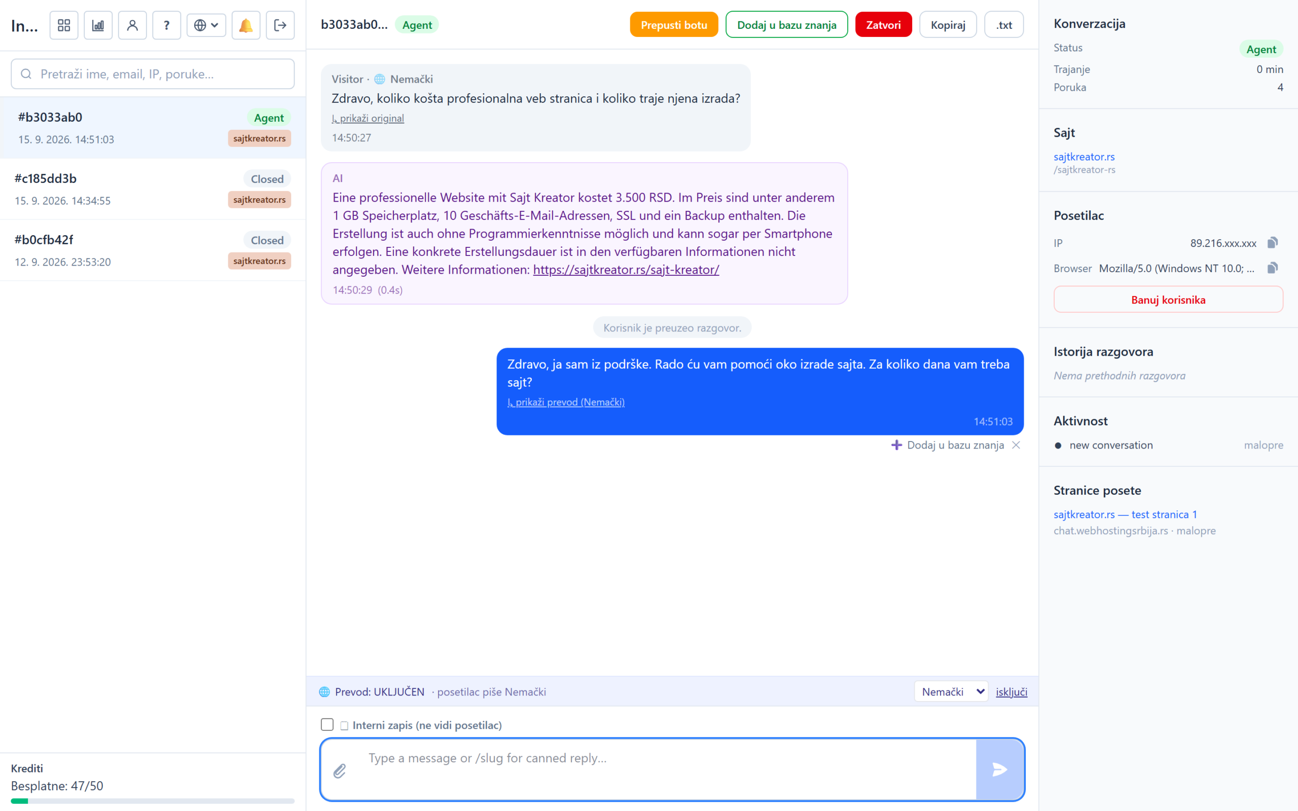 Automatic translation: AI chatbot speaks in the visitor's language Živi prevod u razgovoru operatera