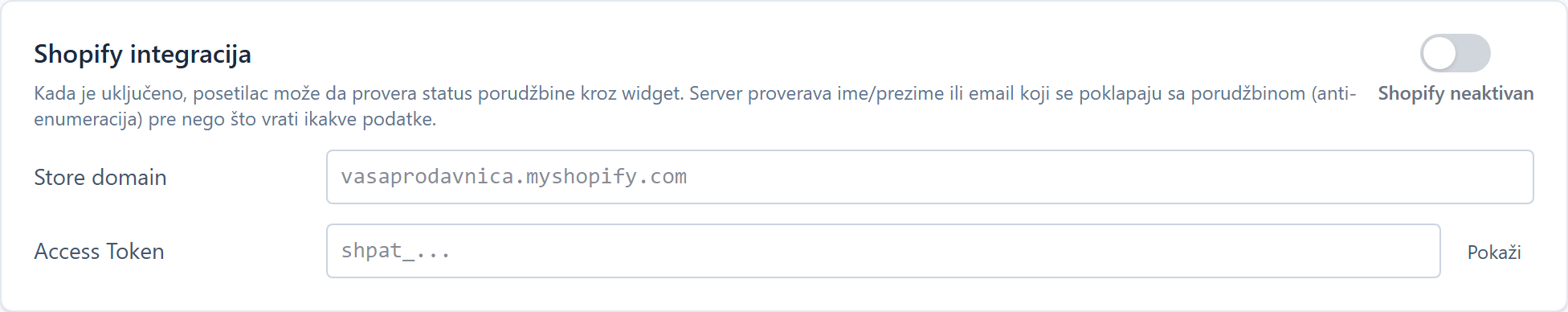WooCommerce and Shopify: connecting your store Polja za Shopify integraciju