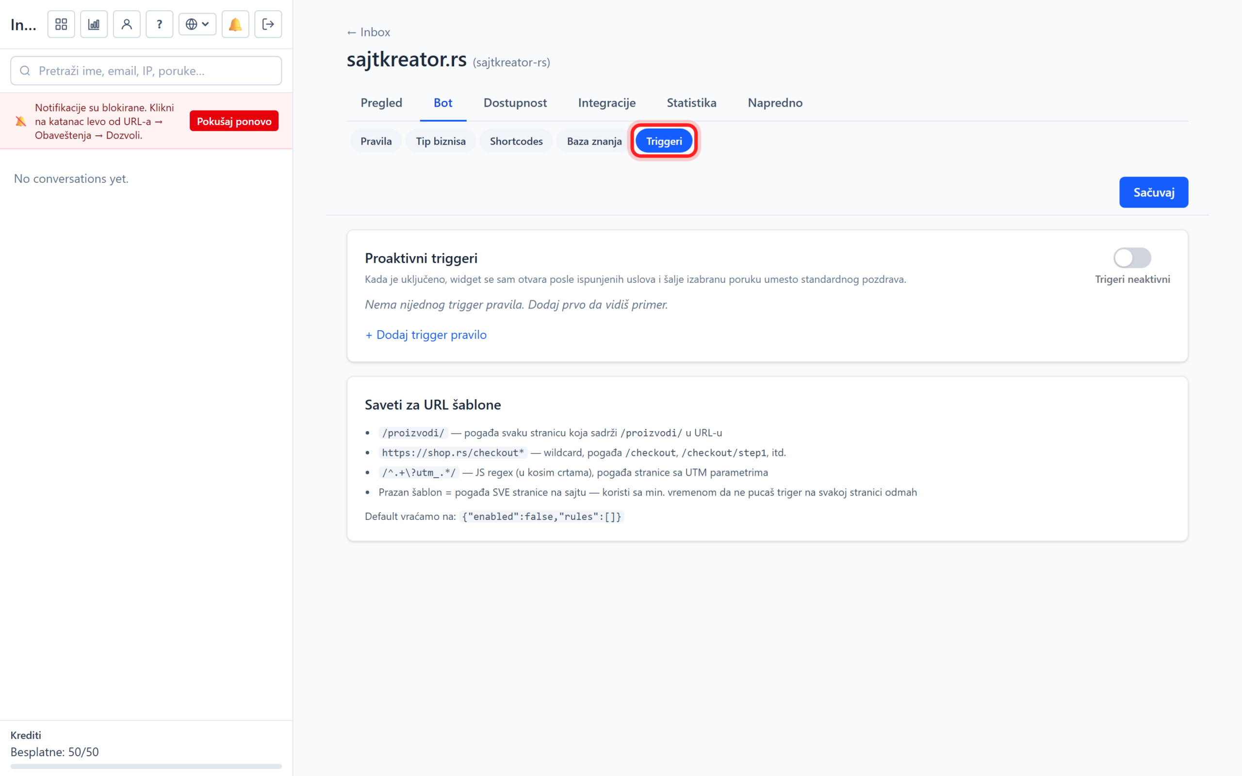 Quick responses and proactive triggers in an AI chatbot Tab Triggeri sa proaktivnim pravilima