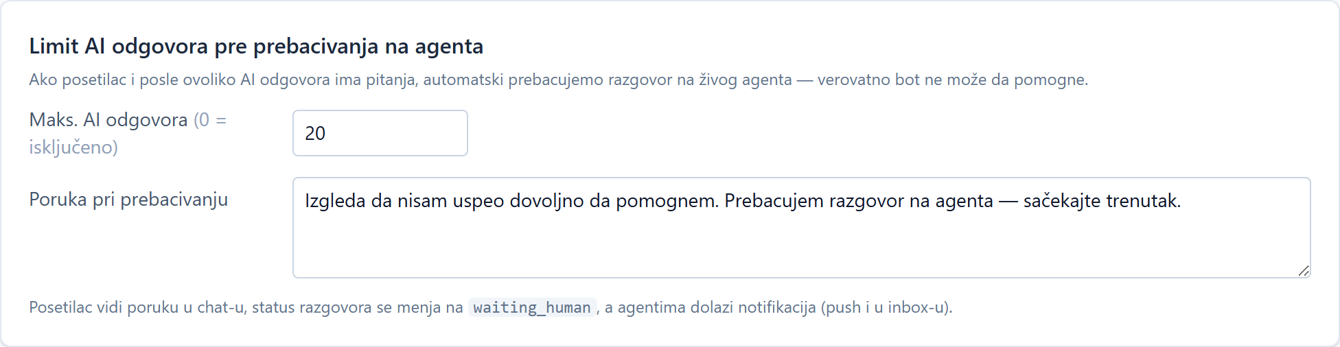 Protection against abuse and banning of visitors Limit odgovora bota pre prelaza na operatera