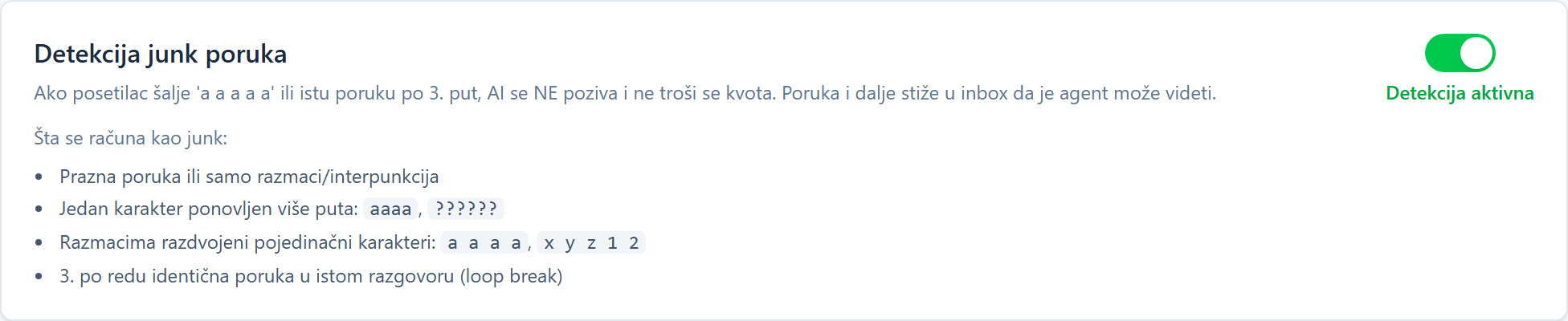Protection against abuse and banning of visitors Opcija za detekciju junk poruka