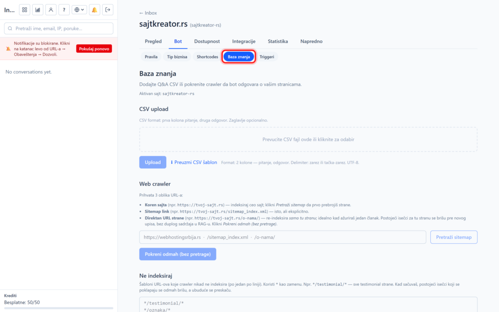 ai chatbot znanje tab 20260912b Baza znanja: kako AI chatbot uči sa vašeg sajta