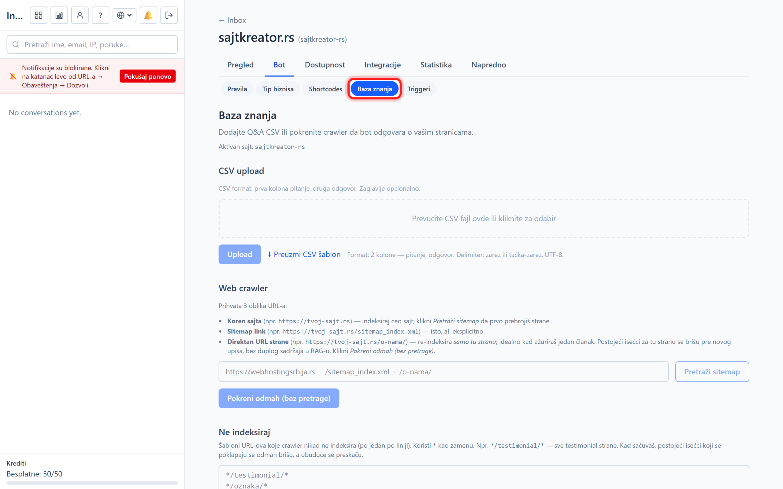 Tab Baza znanja sa CSV uvozom i crawlerom